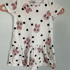 H&M White Dress with Black Polka Dots and Pink Bunny size 2-4T